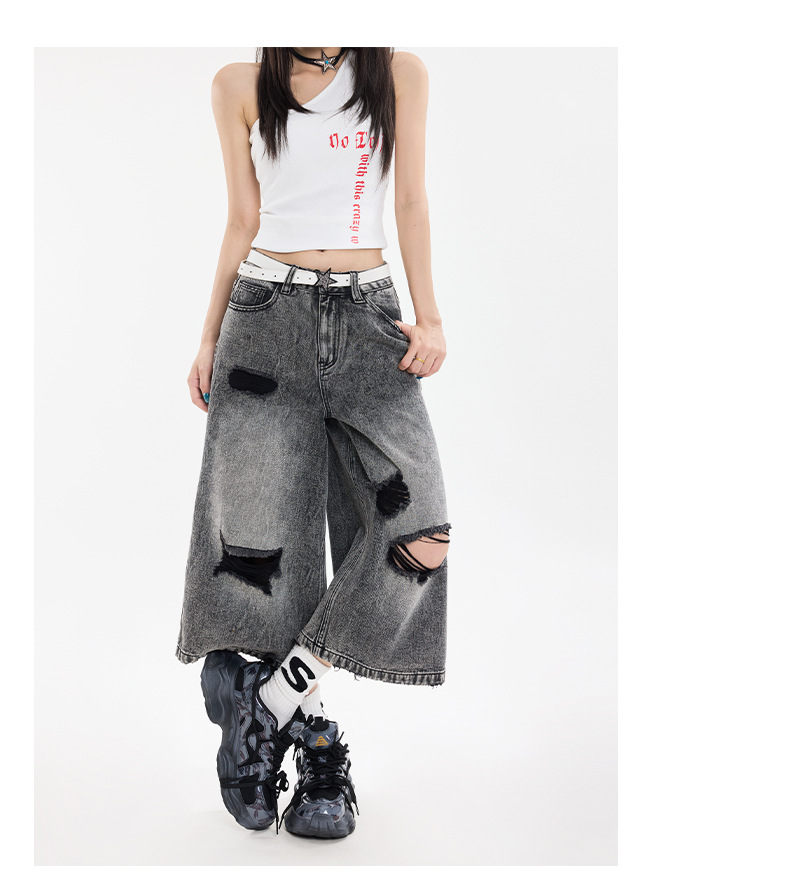 Black Gray Hole Seven-Point Denim Pants Women Vintage Wide-Leg Straight Leg Pants High Street Trendy