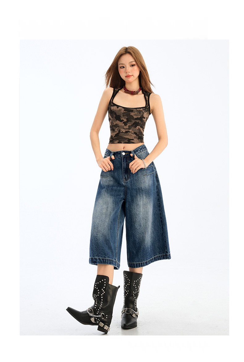 Wide-Leg Seven-Point Denim Pants for Women High-Waist Loose Fit Lazy Style Straight Leg Versatile Mid-Length Trousers