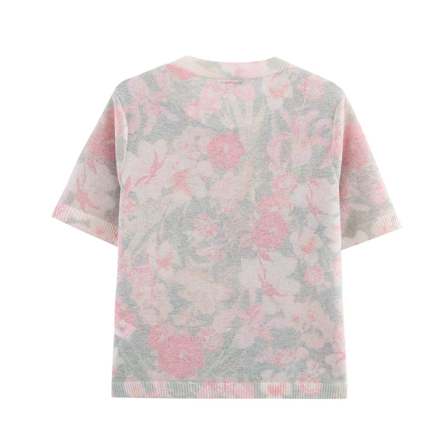 Flower Pattern Crew Three-Quarter Sleeve Polyester Top