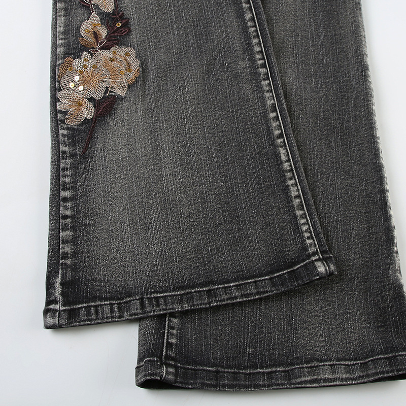 Bead embroidery floral design for vintage washed micro flared jeans