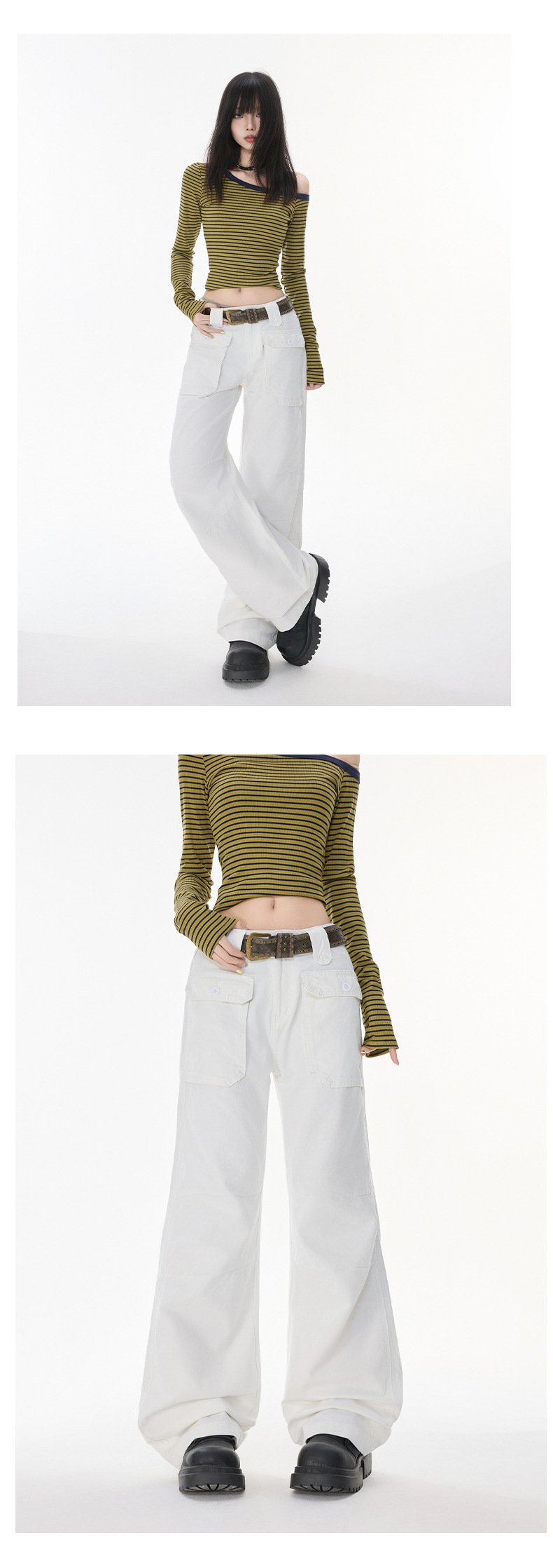 Women's Multi-Pocket Flared Work Jeans with Pleated Design and Low Waist Bootcut Style