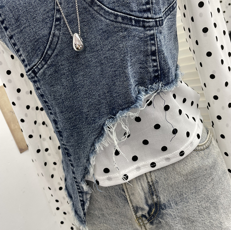Asymmetric Distressed Jean Tailored Cropped Wrist-Length Tee