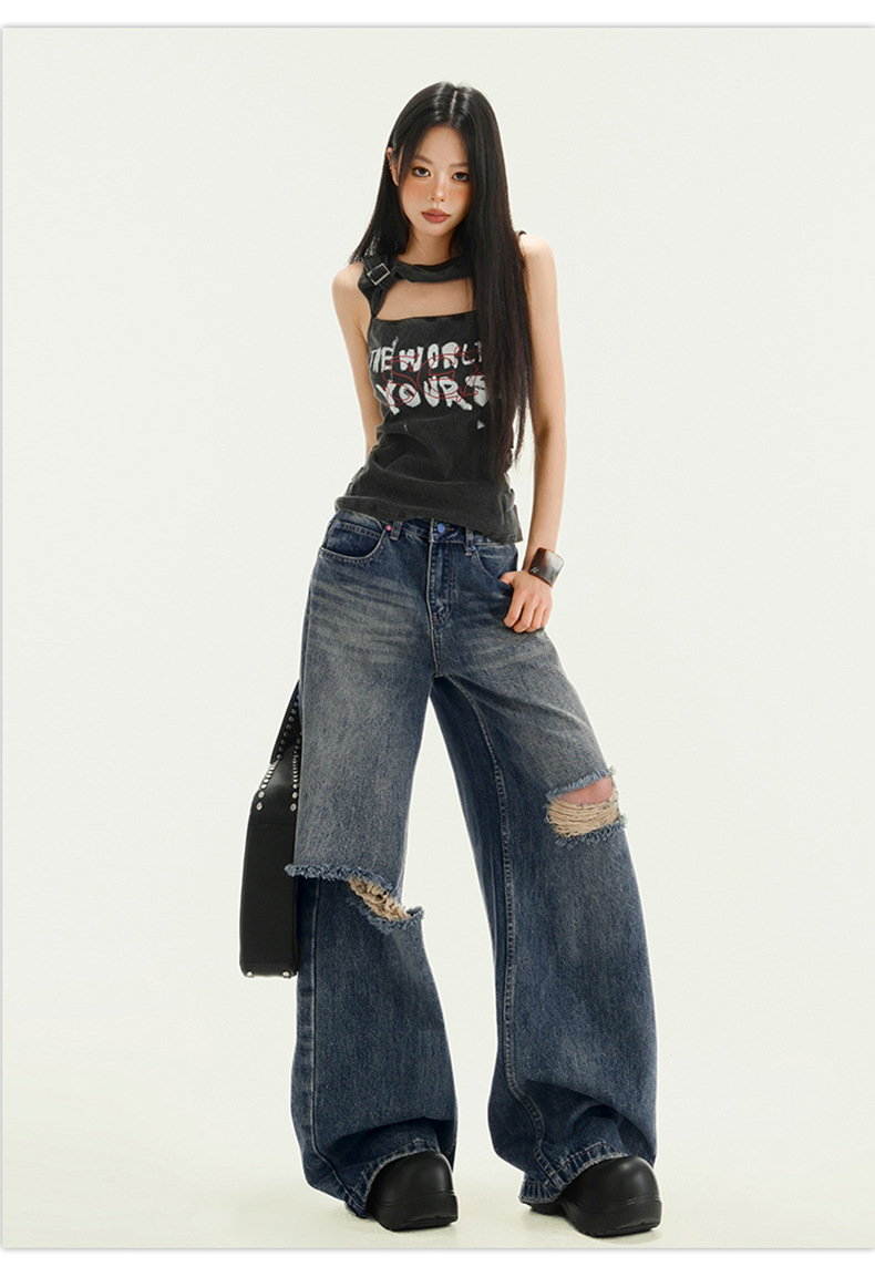 Women's Pocket Print High Waist Wide Leg Pants Summer Loose Slimming Distressed Denim Trousers
