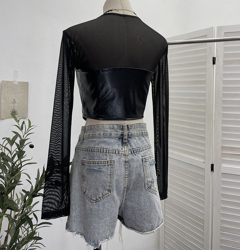 Mixed Material Square Neck Full Sleeve T-shirt