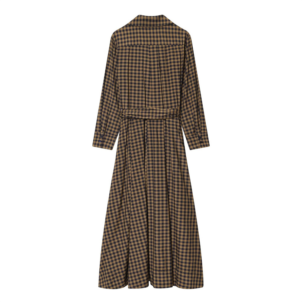 Collar long sleeved plaid waistband shirt dress for women
