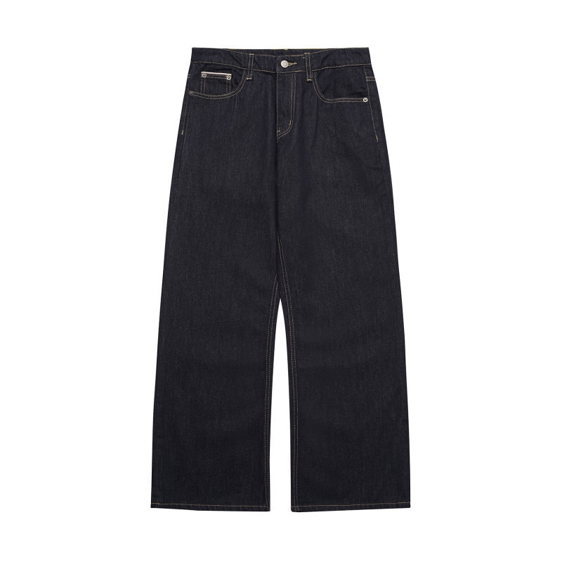 Washed Denim Blue Jeans Loose Straight Leg Slightly Flared Long Pants