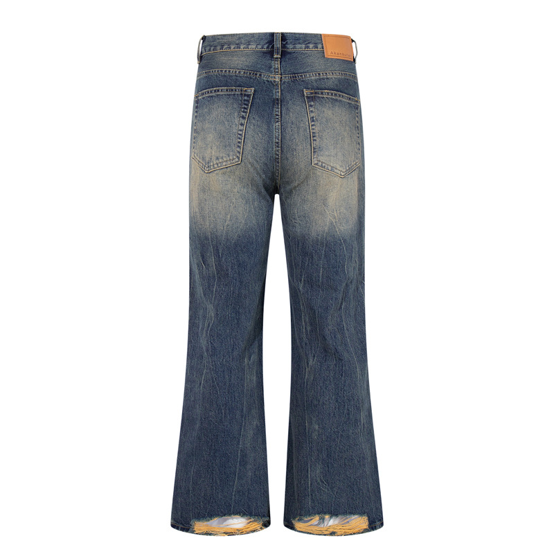 Washed Cat-Whisker Yellow Mud-Dyed Knife-Edge Jeans Women Cleanfit Washed Ripped Versatile Slightly Flared Pants