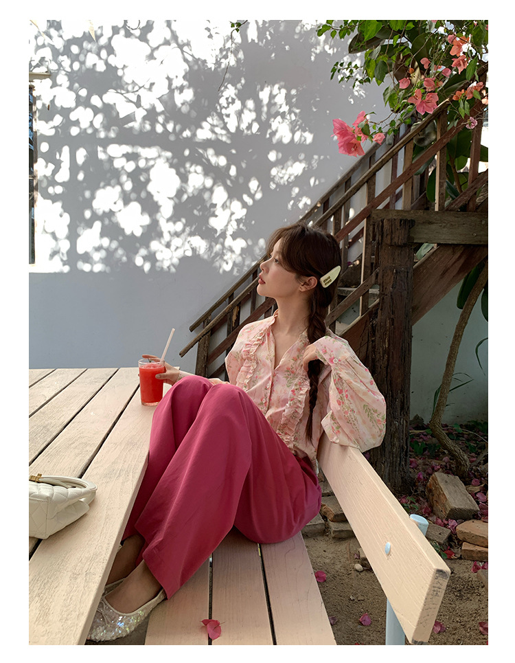 V-Neck Long Sleeve Girlfriend Fragmented Flowers Shirt