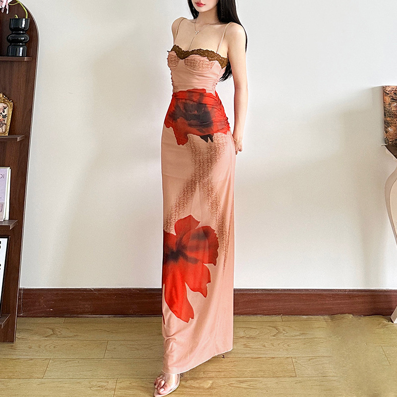 Sleeveless backless slimming color blocked lace camisole long skirt for women