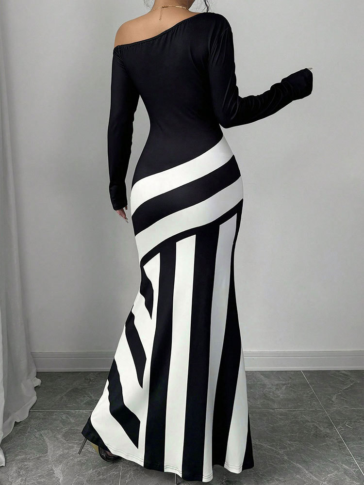 Ladies Long Sleeve Polyester Asymmetric Pattern Dress
