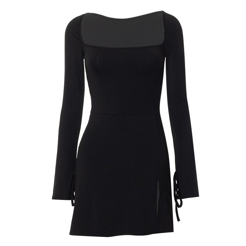 Straight Neckline Full Sleeve Side Split Cinch Dress