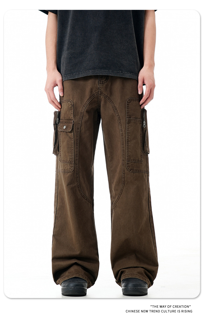 High Street Vibe Flared Loose Multi-Pocket Distressed Straight Casual Long Pants