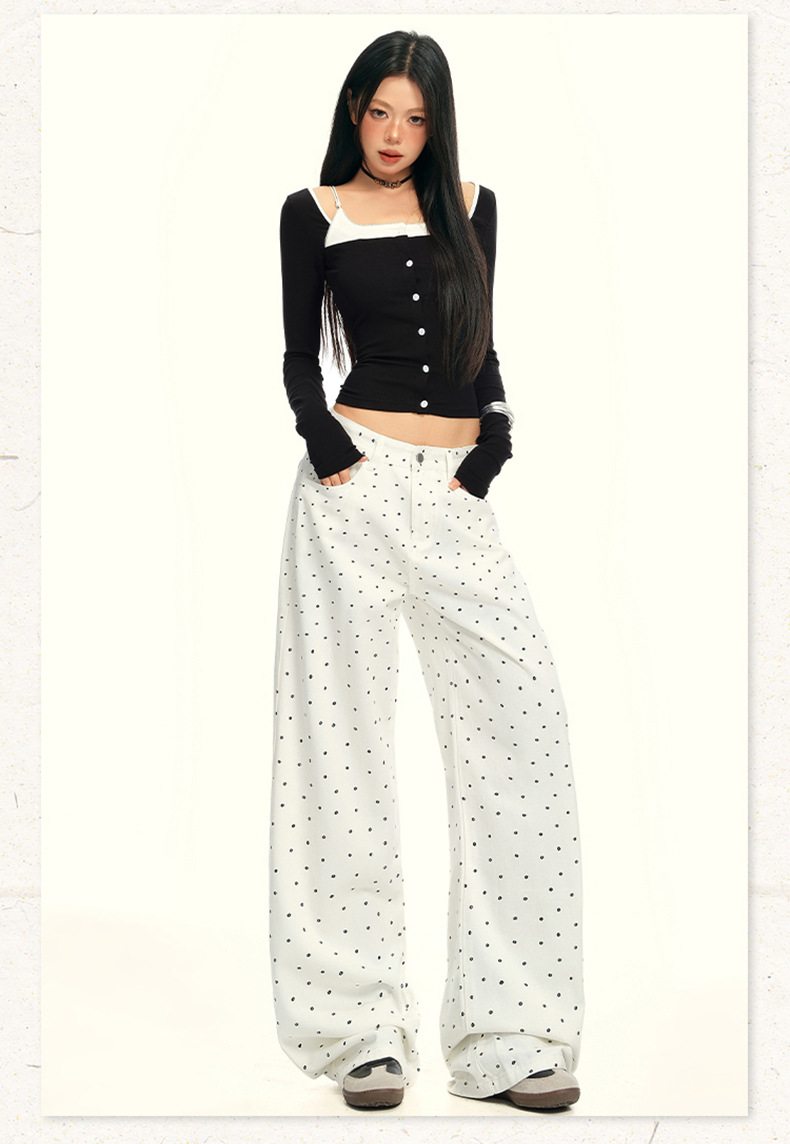 Women's Black and White Polka Dot Slimming Loose Straight Jeans High Waist Wide Leg Pants