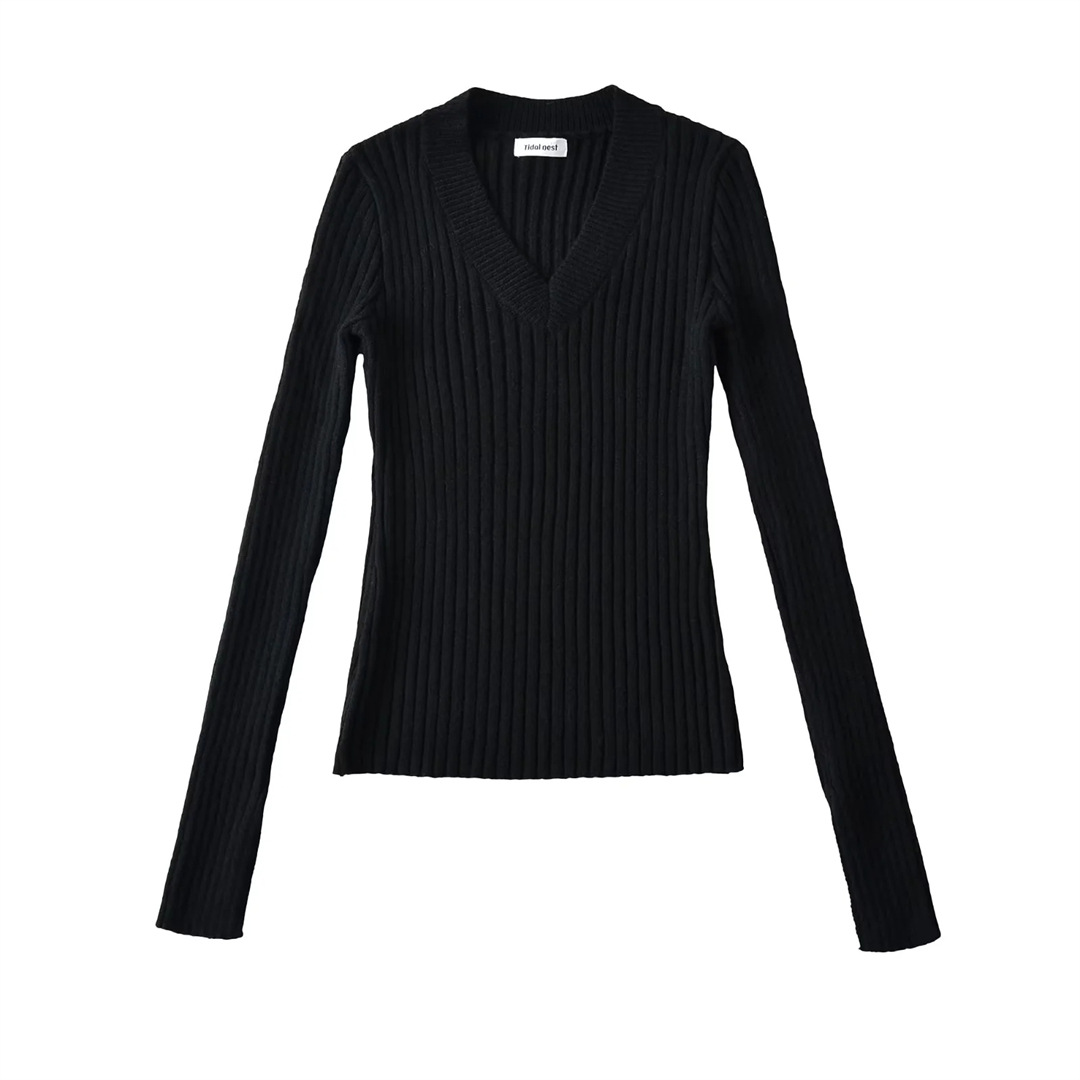 Plain Ladies Deep V Body-Hugging Knitted Sweater