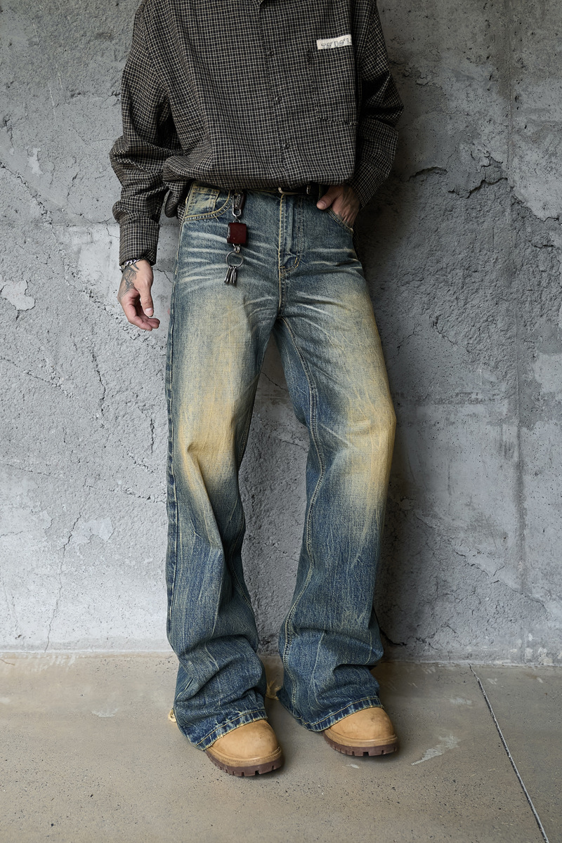 Washed Cat-Whisker Yellow Mud-Dyed Knife-Edge Jeans Women Cleanfit Washed Ripped Versatile Slightly Flared Pants
