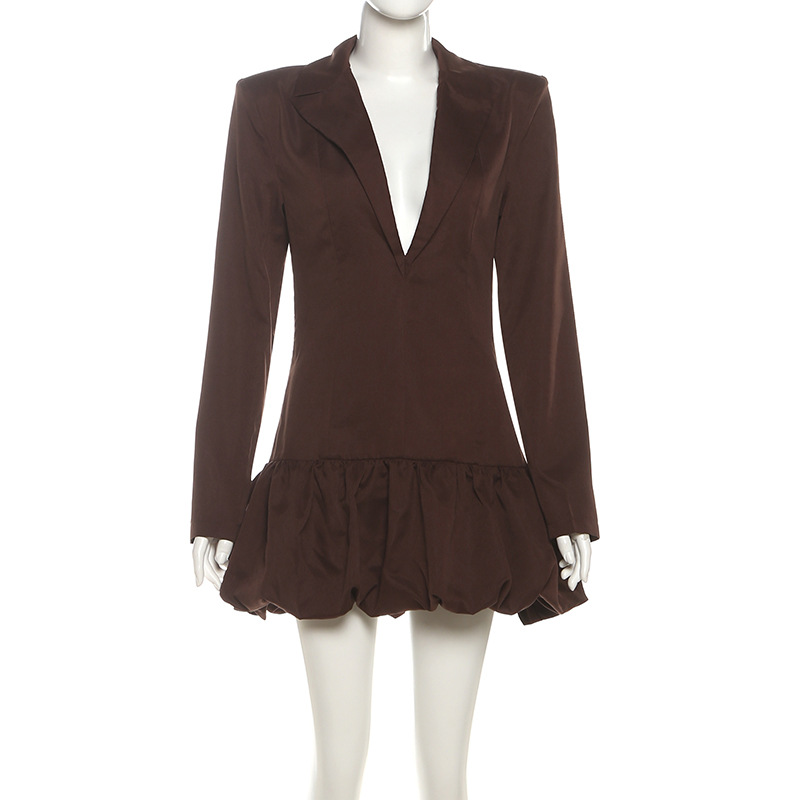Plunging Neckline Full-Sleeve Tailored High-Waisted Bodycon Polyester Dress