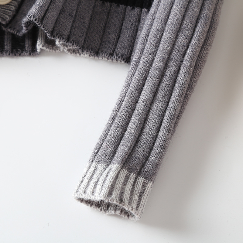 Black Color-block Short Knitting Cardigan Sweater V-Neck Long Sleeve Women New Fashion Trend Autumn Winter