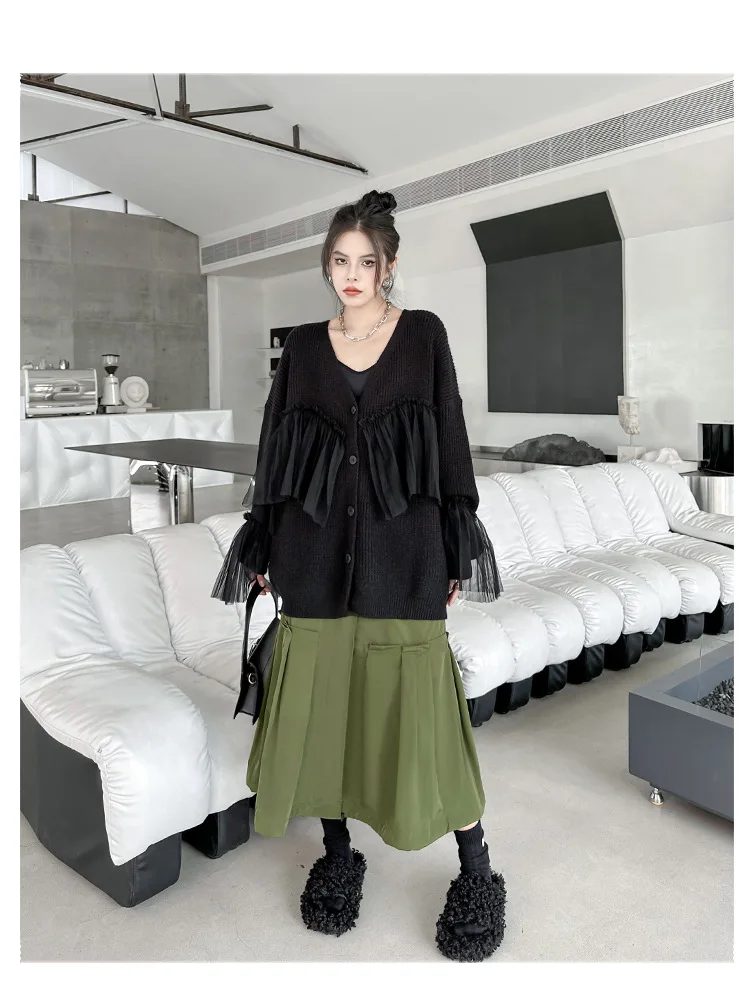 Ladies Relaxed Uneven Pieced Openwork Maxi Cardigan