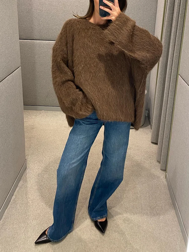 Women Chunky Crew Loose Sweater Full Arm Cold