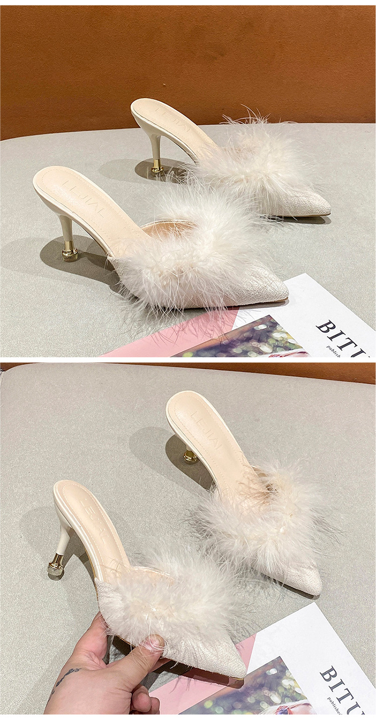 Women High Heel Shoes Fur Slippers Mules Pointed Toe Furry Slides Fashion Elegant Luxury Designer Flip Flops Office Pumps