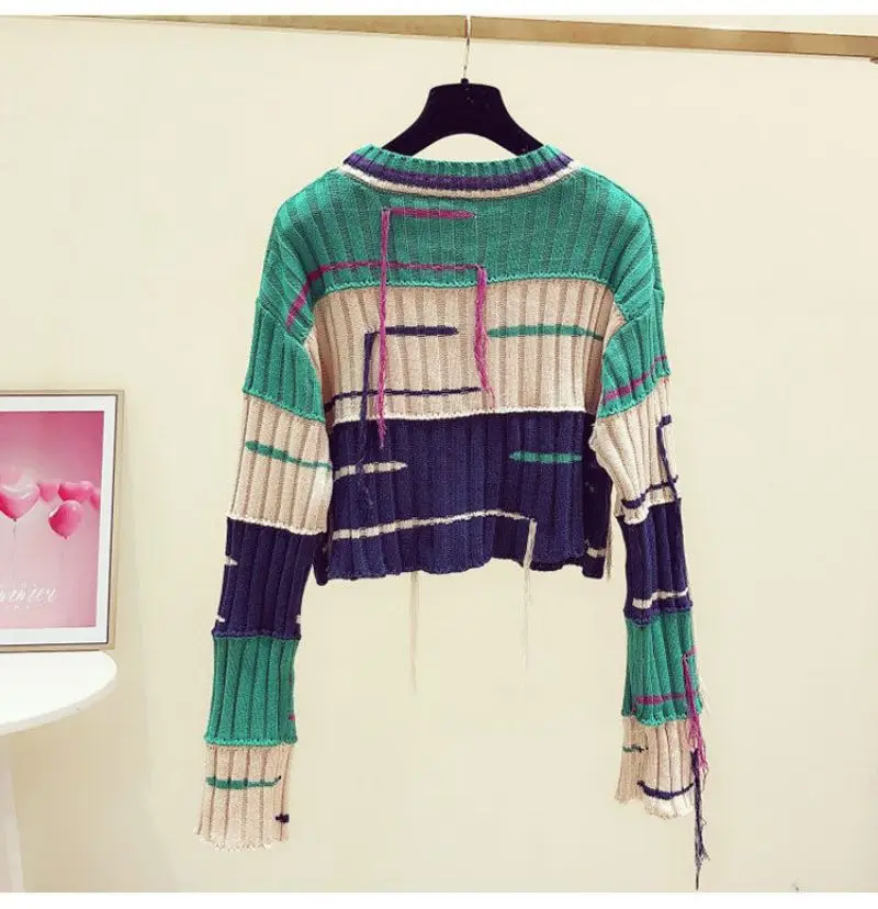Ladies Colorblock Fringe Crew Collar Sweater