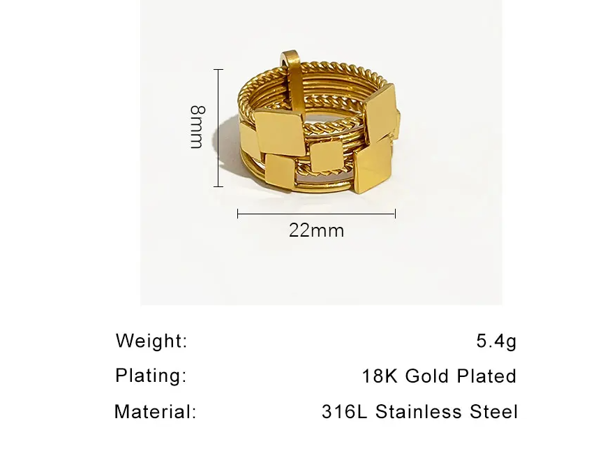 Peri'sBox Detachable 6pcs Gold Color Square Coin Finger Ring for Women Pvd Plated Stainless Steel Twisted Stacking Rings Minimal
