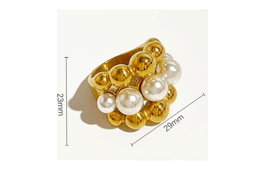High-grade multi-layer beaded pearl titanium steel ring female retro temperament pearl ring