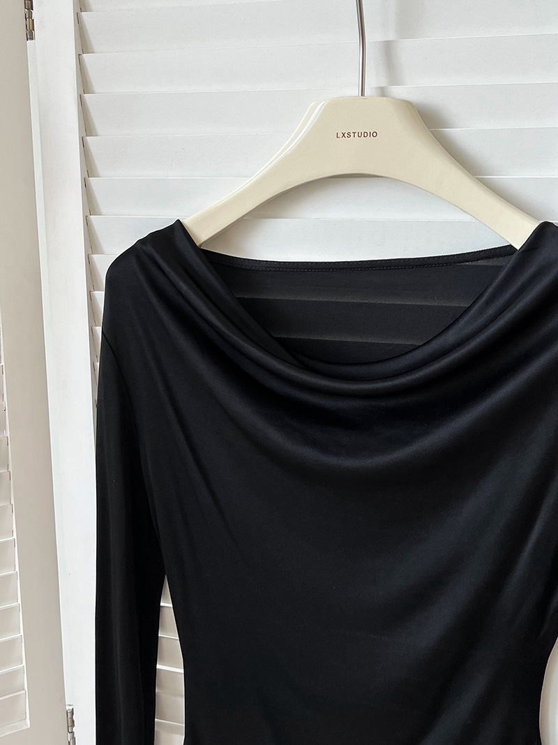 Women Slim Solid Cowl Neck Elongated Sleeve Tee