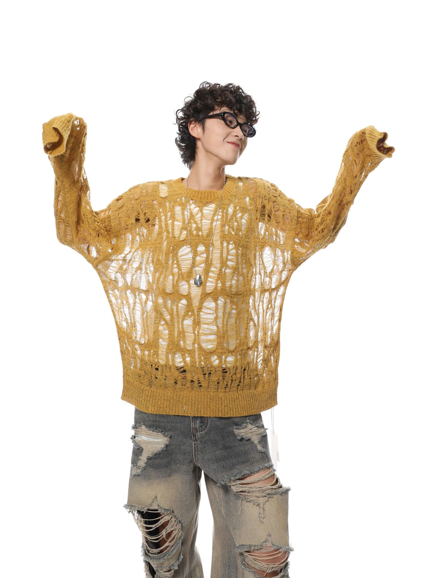Polyester Open Mesh Crew Neck Sweater