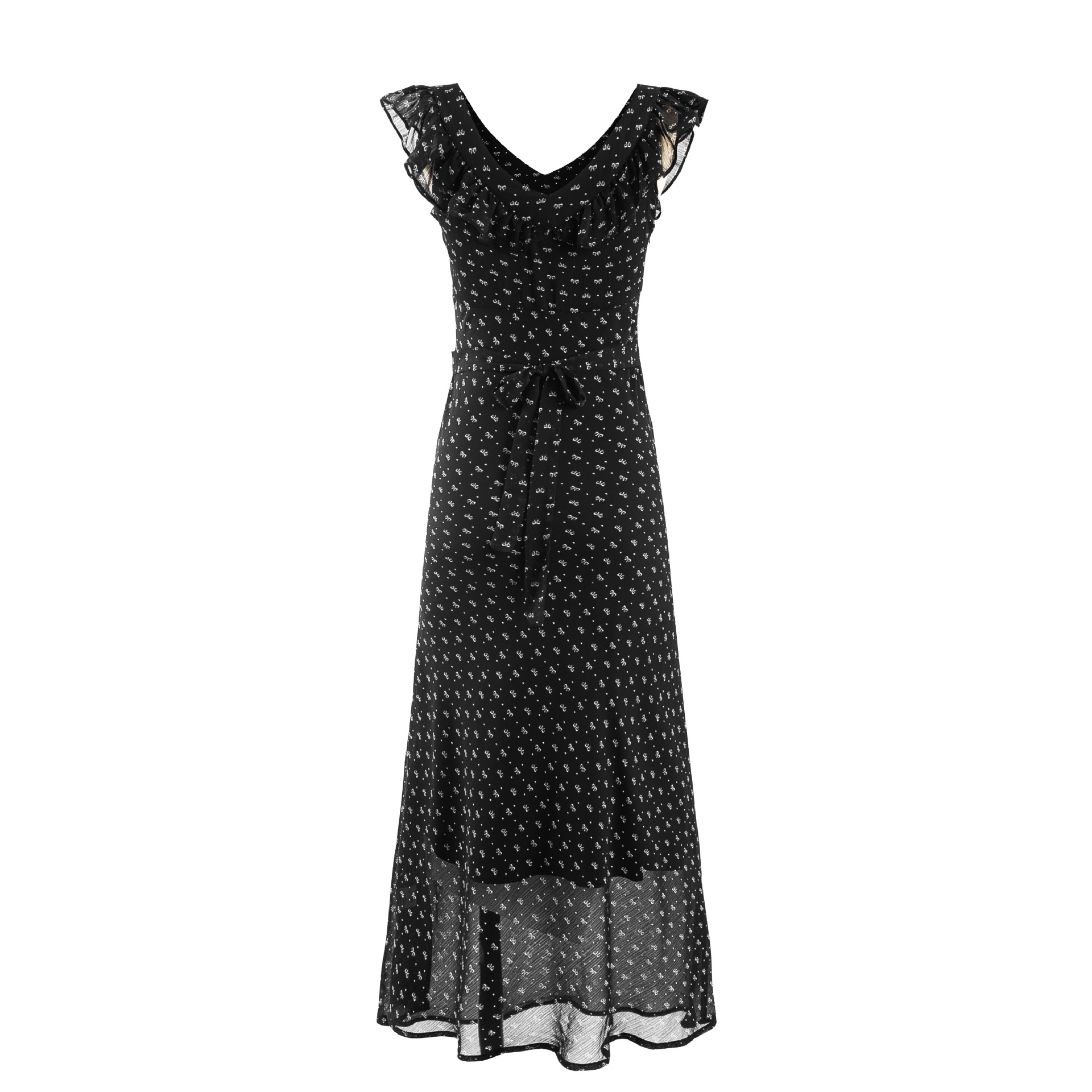 Black Base Floral Leaf Hemline Small Flutter Sleeve Waist-tightening Dress