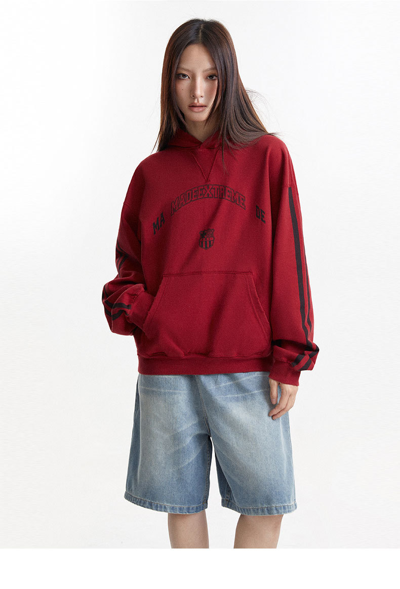Vintage Letter Print Loose Fit Casual Hooded Sweatshirt