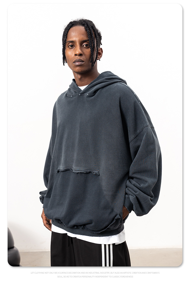 Streetwear Heavy Cotton Aged Torn Hoodie