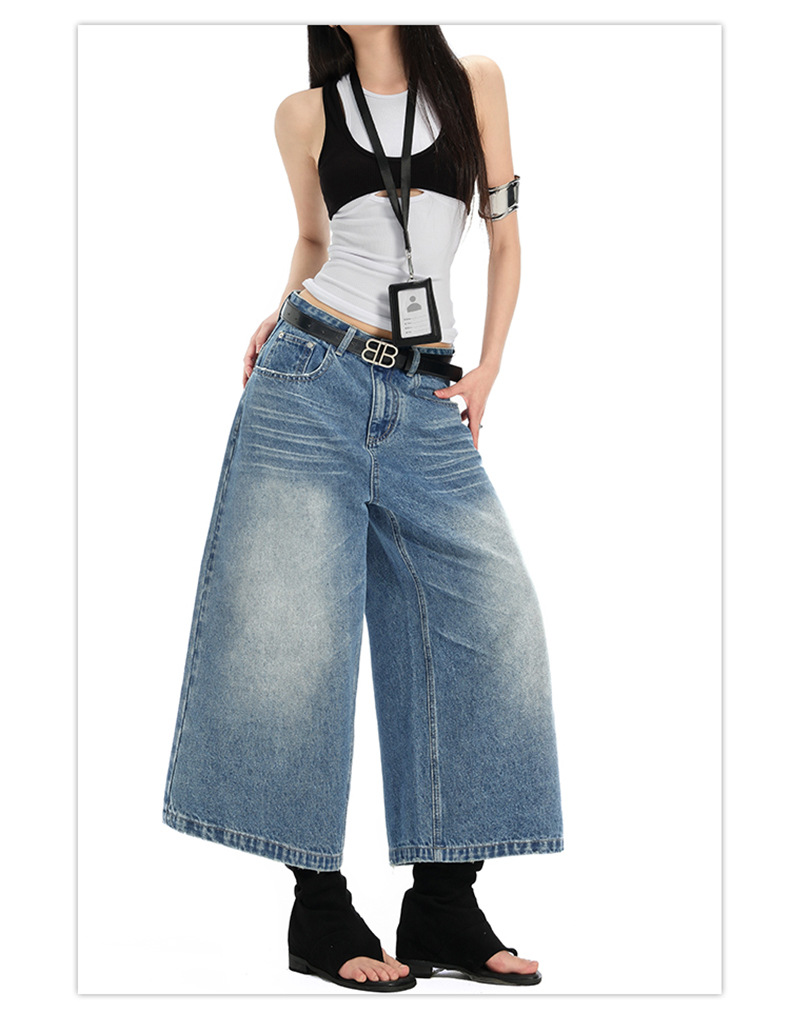 Denim Cropped Pants for Women High Street Relaxed Fit Straight Leg Wide-Leg Mid-Length Pants