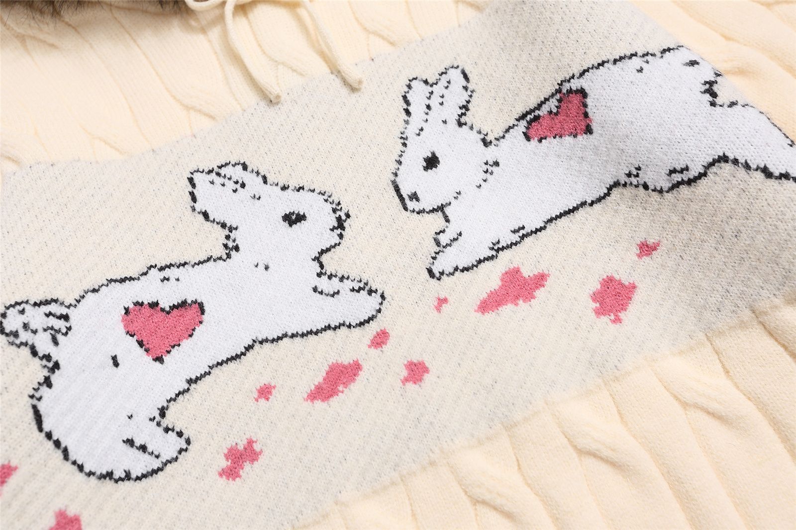 Oversized Bunny Print Hood Sweater Fluffy Ribbon Detail