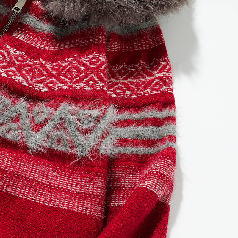 Matching Oversized Furry Trim Jacquard Knit Overcoat