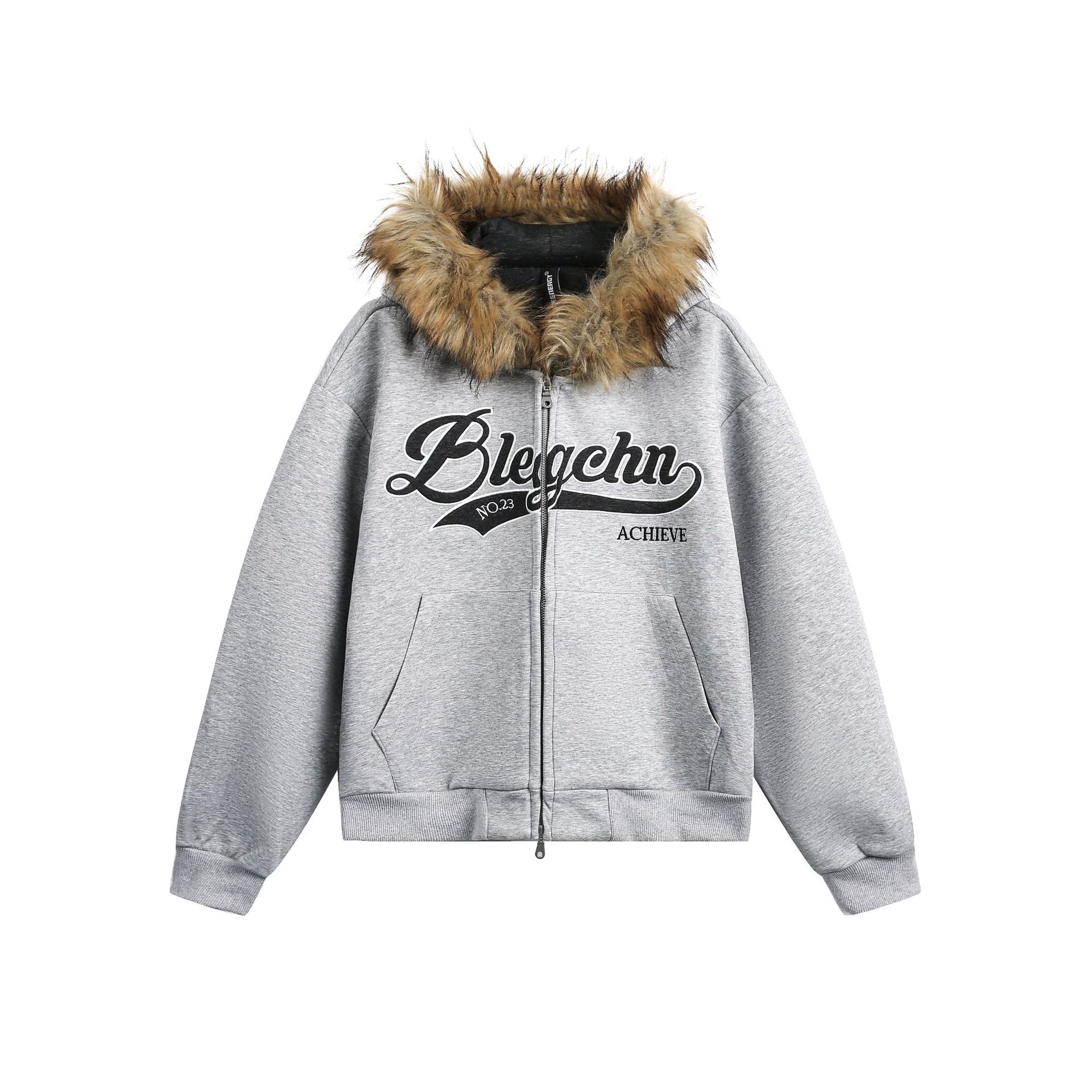 Detachable fur collar spliced zipper hoodie