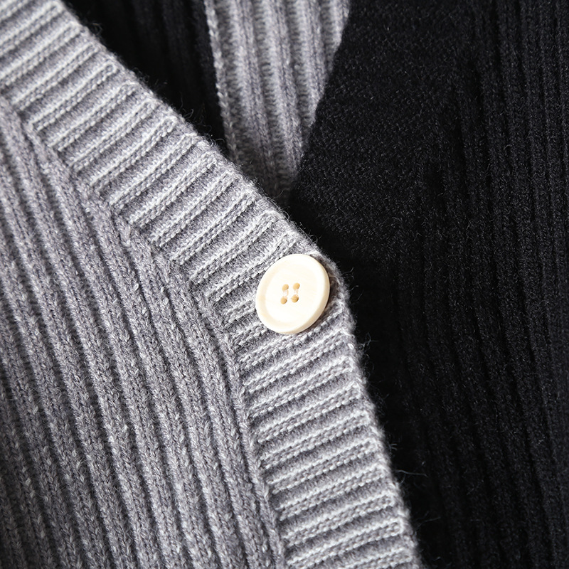 Black Color-block Short Knitting Cardigan Sweater V-Neck Long Sleeve Women New Fashion Trend Autumn Winter