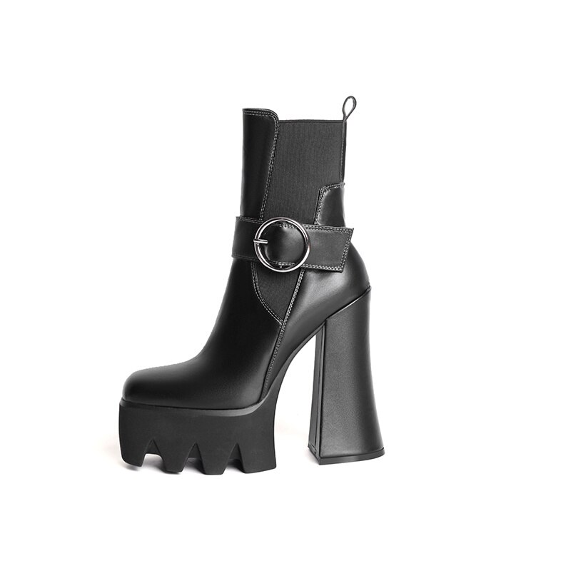 Women's Autumn Short Boots Brand New Square Toe Super High Heel Thick Sole Metal Sexy Stretch Bare Boots 42 Sizes