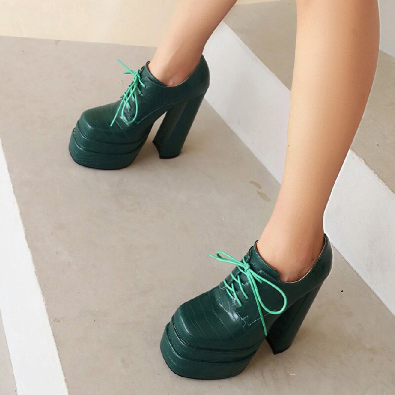 Women Pumps Brand Fashion New Square Toe Platform Thick High Heels Lace-Up Shoes Party Office Ladies