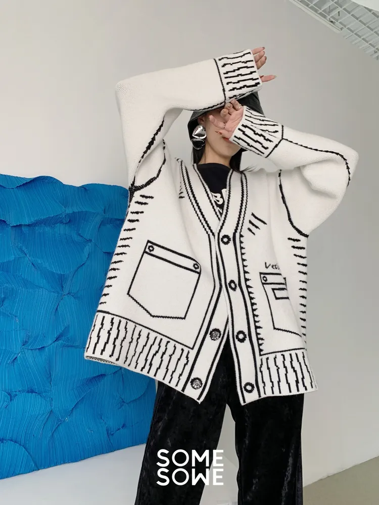 Ladies Oversized Graphic Deep V Acrylic Cardigan