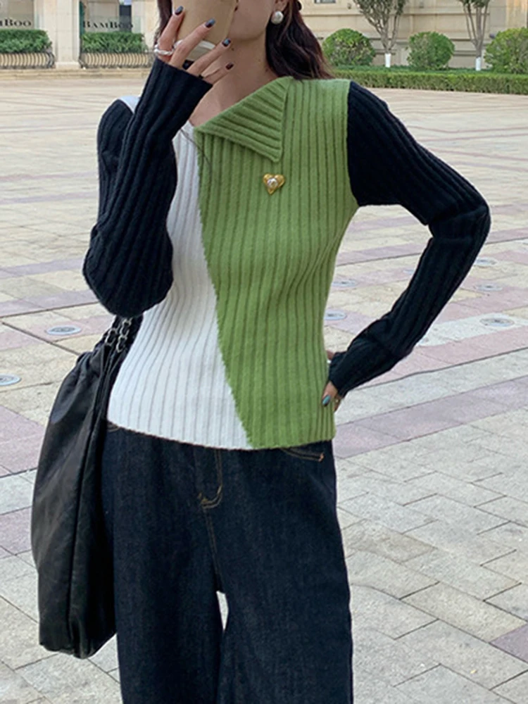 Ladies Viscose Fitted Crewneck Colorblock Cozy Sweater
