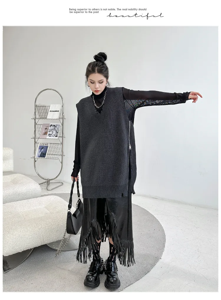 Women Sweater V-neck Asymmetry Sleeveless Knitting Vests Fashion Loose Long Dark Gray Autumn And Winter Sweater Vests