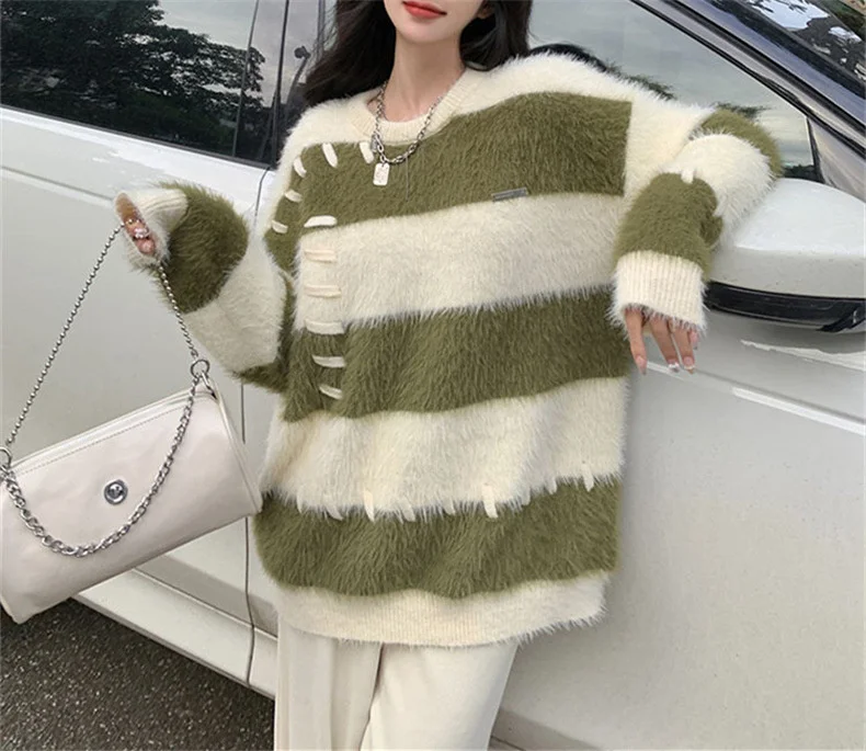 Ladies Fall Two-Tone Oversized Stretch Acrylic Sweater