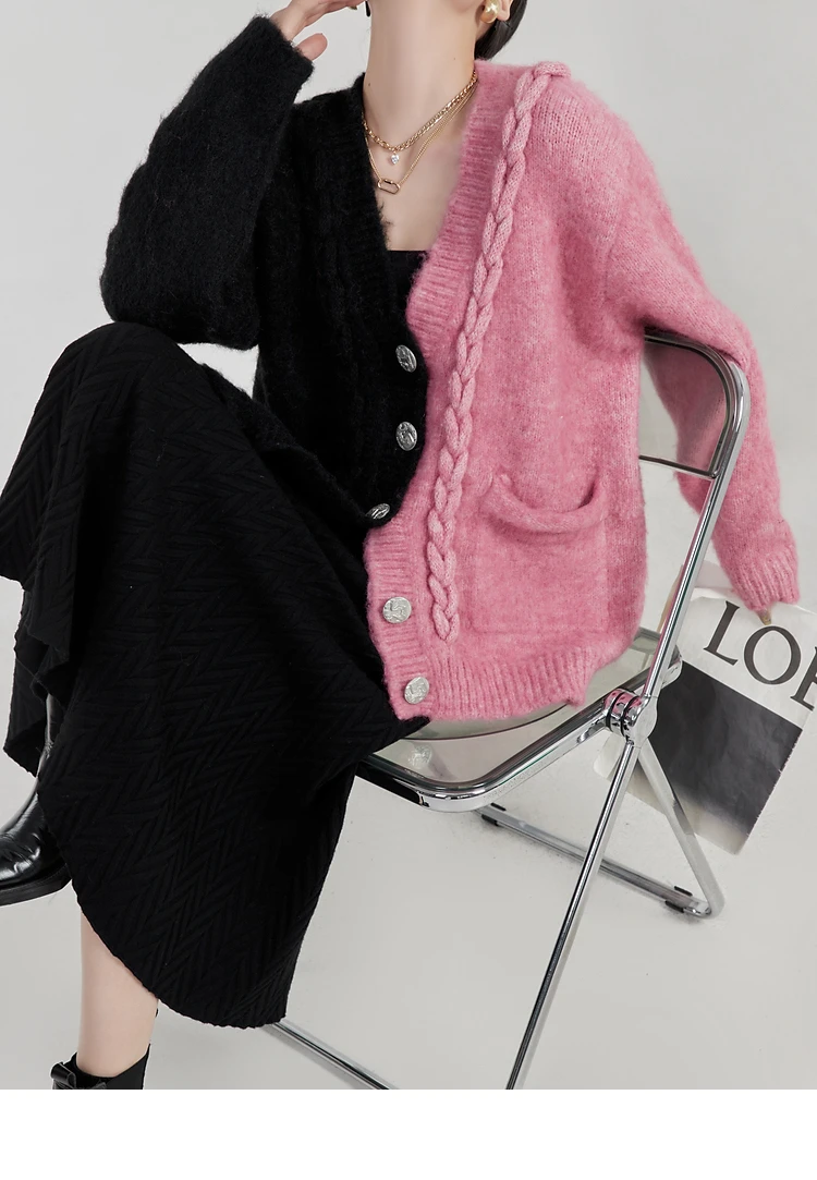 Ladies Colorblock Chunky Oversized Knitted Cardigan