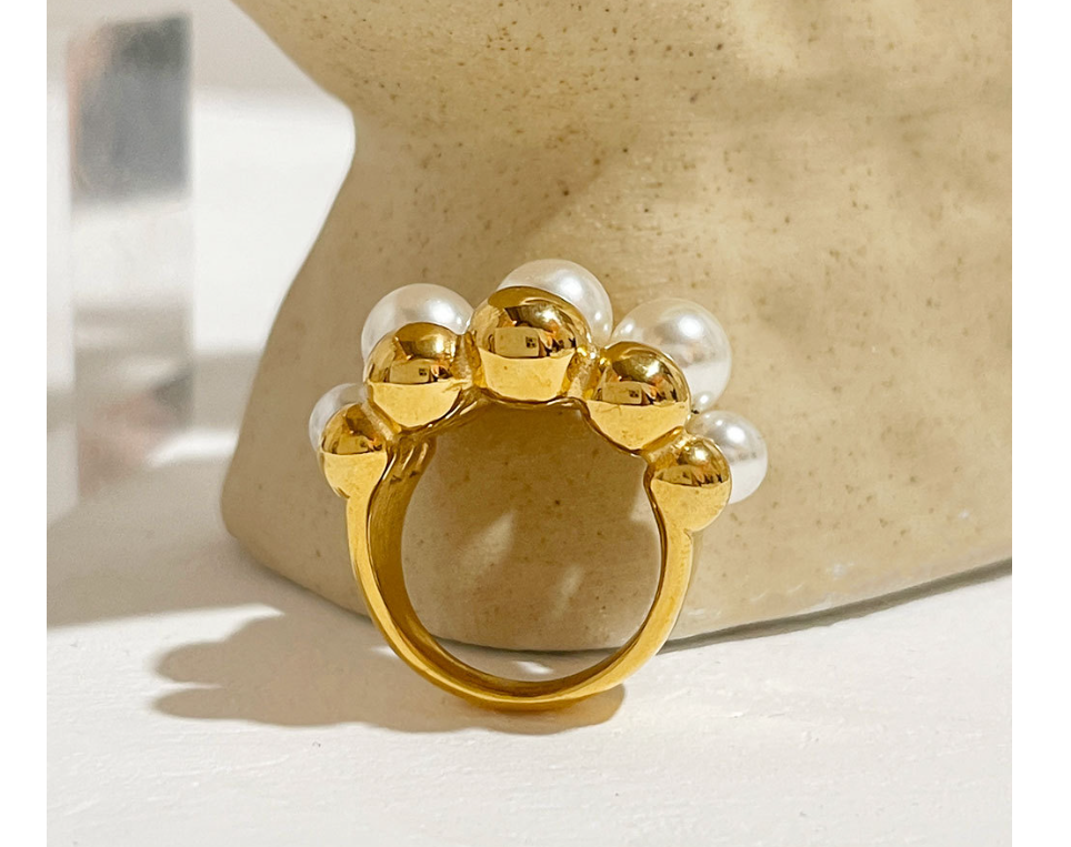 High-grade multi-layer beaded pearl titanium steel ring female retro temperament pearl ring