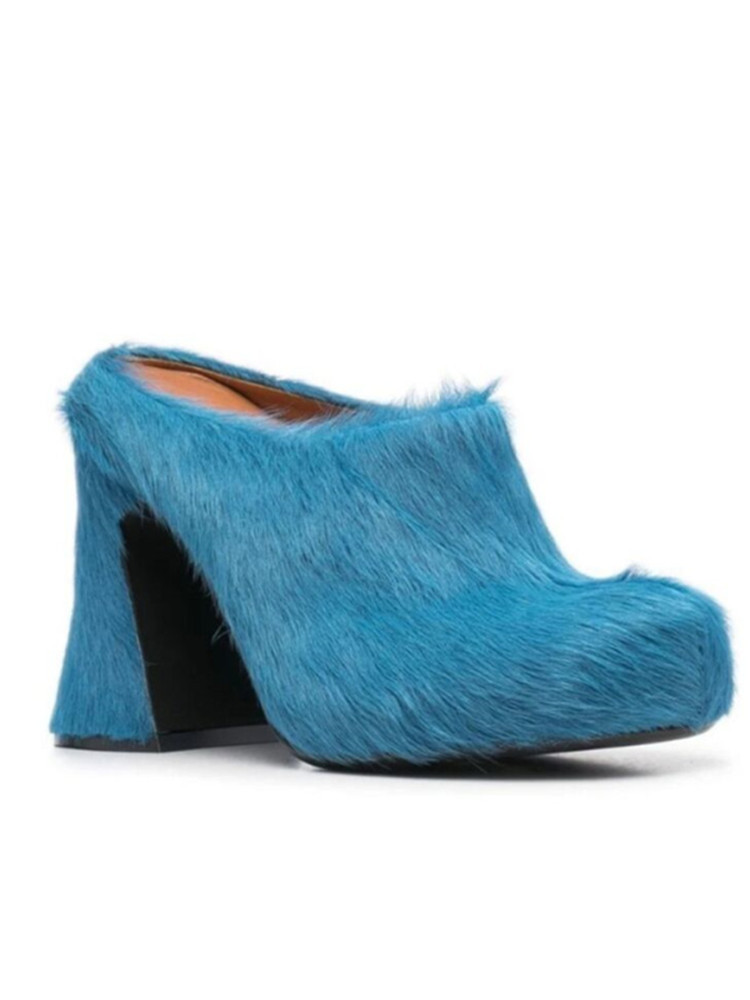 Round headed candy colored genuine leather horse hair with raised height inside casual lazy half slippers for women