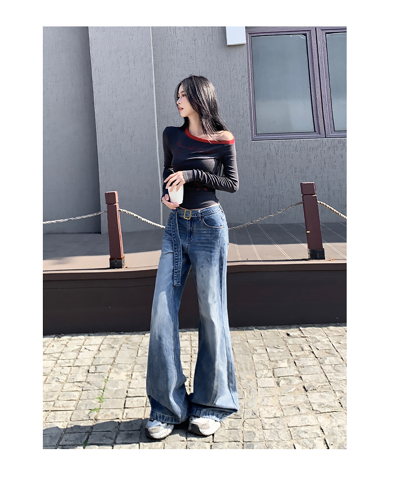 High-Waist Versatile Belted Flared Jeans for Women Office Wear Non-Skinny High-Waist Style Flared Trousers