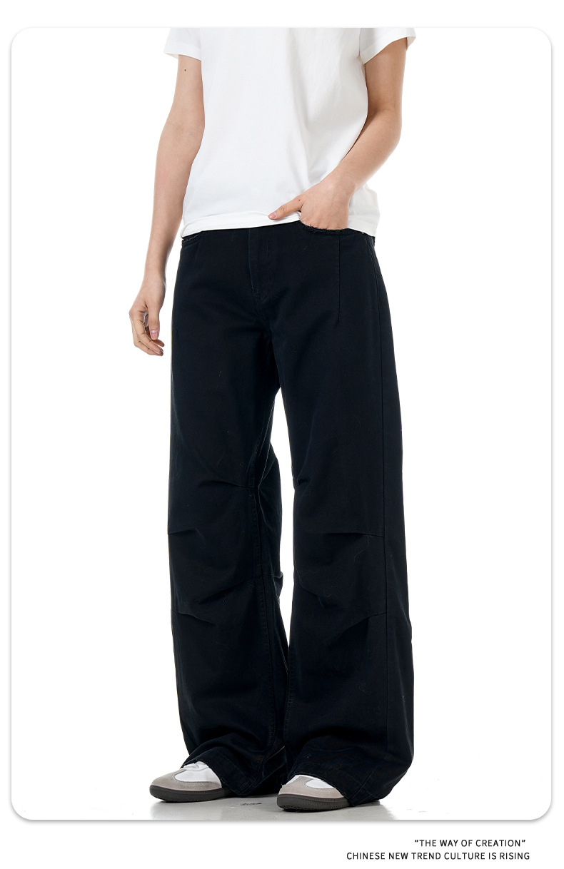Simple Work Pants for Men and Women Faded Pleated Loose Wide-Leg Trendy Casual Trousers