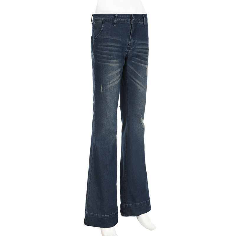 Retro hot girl washed and worn low waisted slightly flared jeans