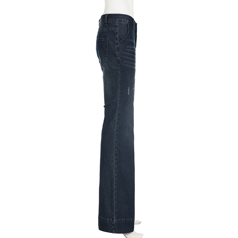 Retro hot girl washed and worn low waisted slightly flared jeans